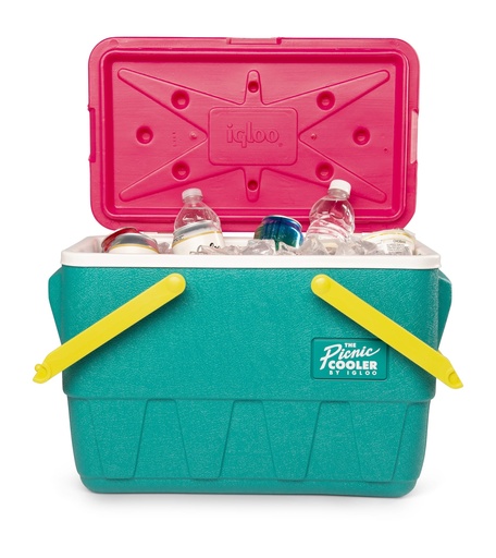 Igloo - Retro Jade 25 Qt Lunch Picnic Basket Cooler - Dark Jade /Bold Magenta /Livewire Yellow - DISC