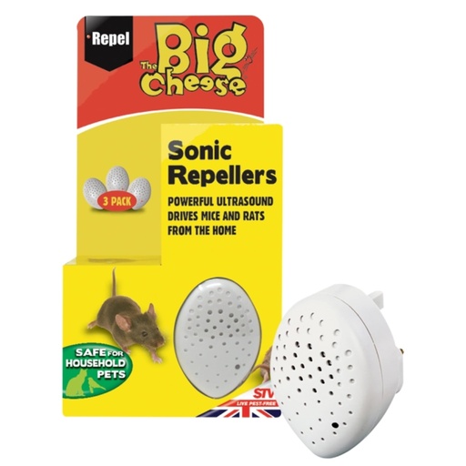 STV - The Big Cheese Humane Sonic Rodent Deterrent Battery Powered and Sonic Mouse Deterrent Plug In (3 Pack) - Ultrasonic Repeller