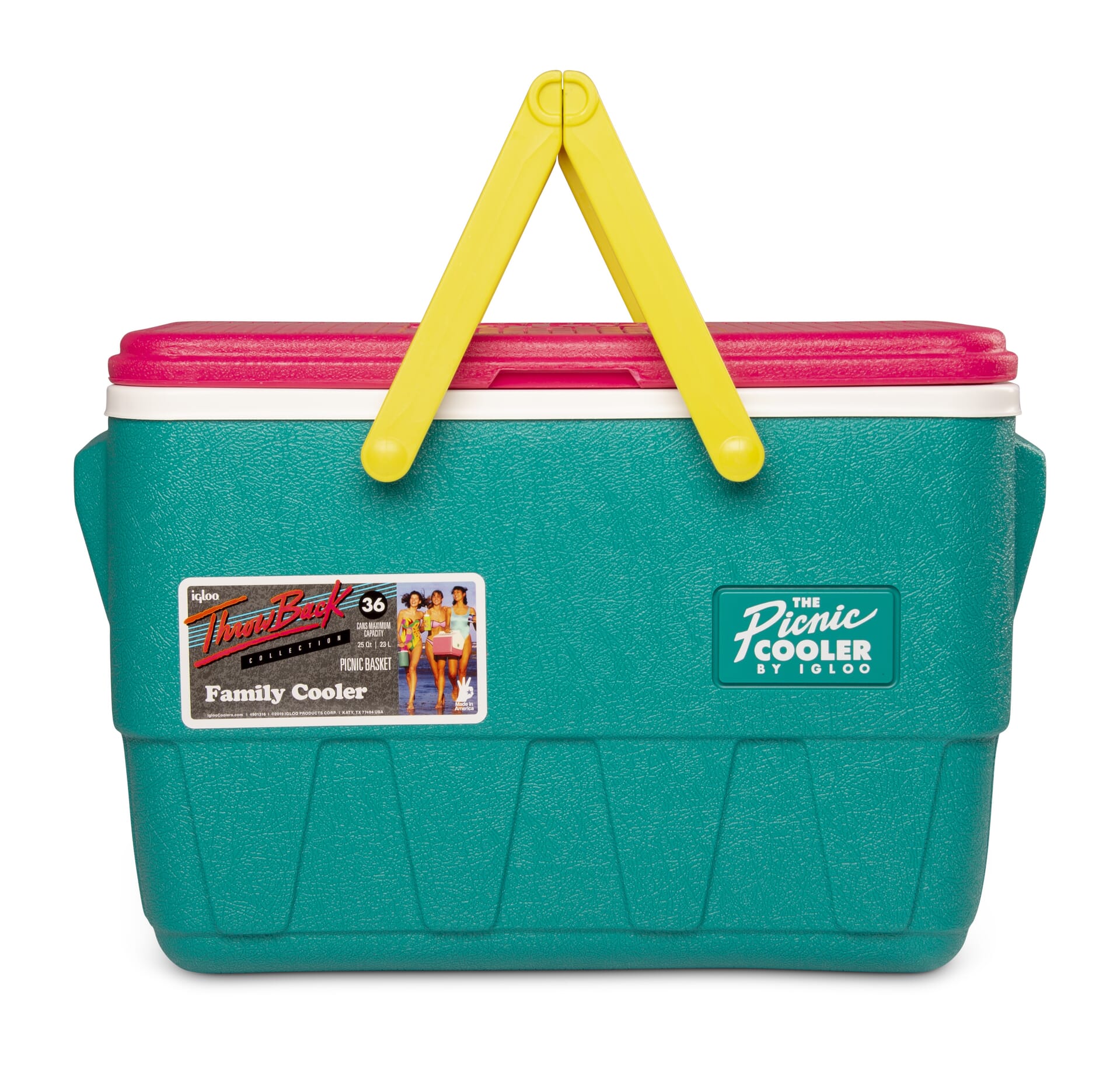 Igloo - Retro Jade 25 Qt Lunch Picnic Basket Cooler - Dark Jade /Bold Magenta /Livewire Yellow - DISC